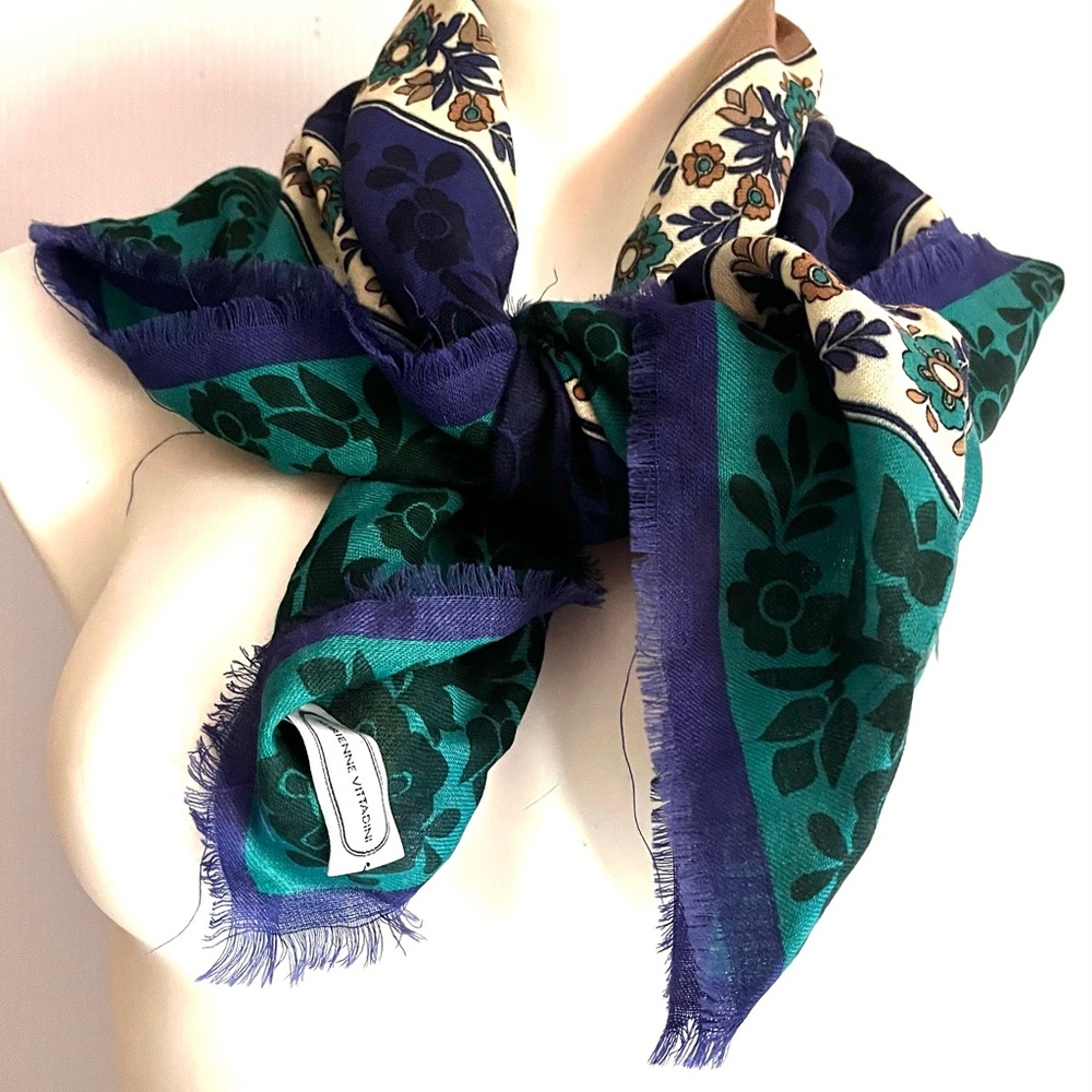 Adrienne Vittadini Purple Green Fringed Square Scarf - AS IS